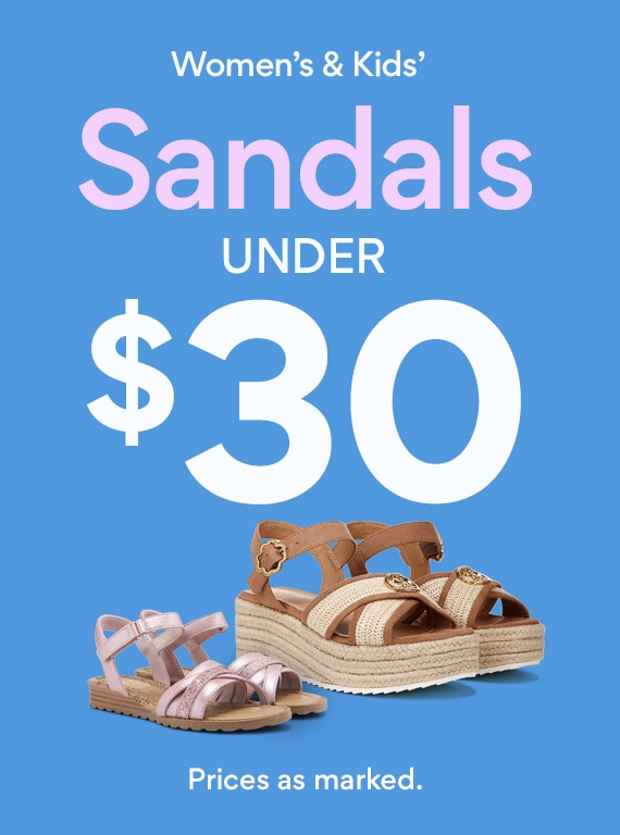 women's and kids' sandals under $30. prices as marked. womens and kids sandals on sale