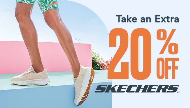 take an extra 20% off skechers. feet of man in short wearing skechers tennis shoes.