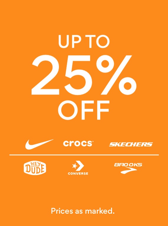 up to 25% off nike, crocs, skechers, heydude, converse and brooks. prices as marked. bright orange background with logos