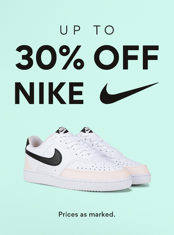 up to 30% off Nike showing white nike court sneaker with black and cream accents with mint green background