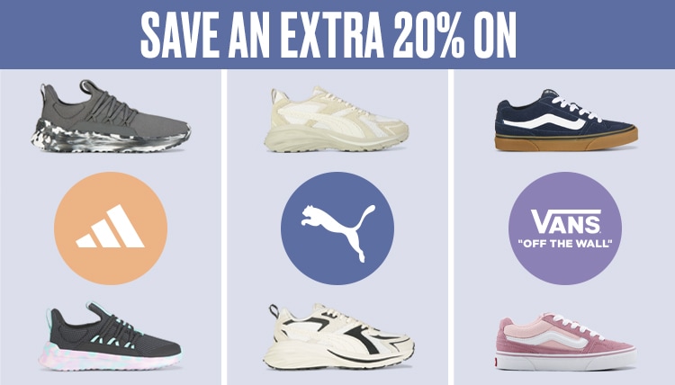 save an extra 20% on adidas, puma and vans. gif of sneakers on sale