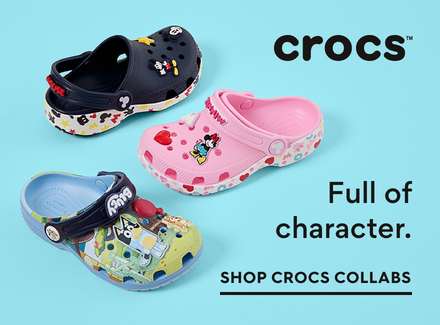 character crocs on blue background. full of character. shop crocs collabs