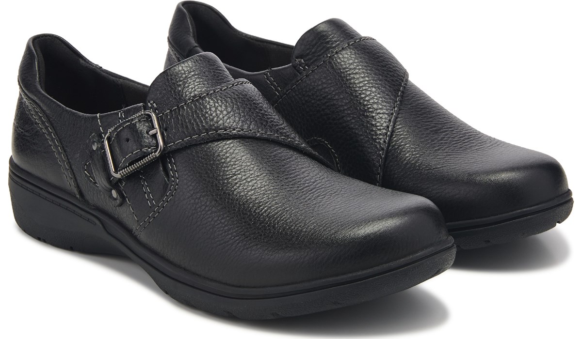 Clarks black slip on shoes on sale